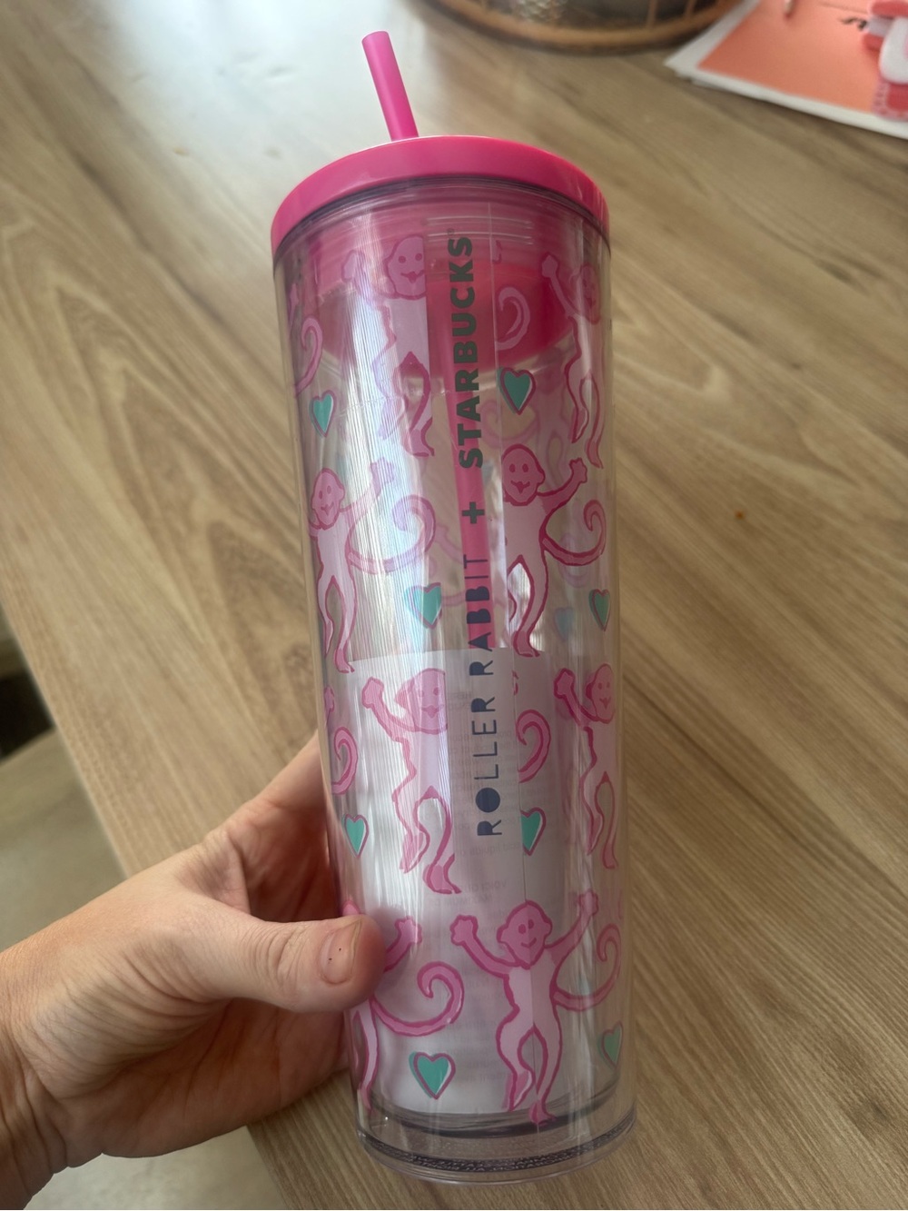 Roller Rabbit x Starbucks Pink Tumbler with Teal Hearts